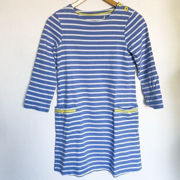 Mini Boden Button Pocket Stripe Cotton Dress 11-12 Blue White - Picture 1 of 4